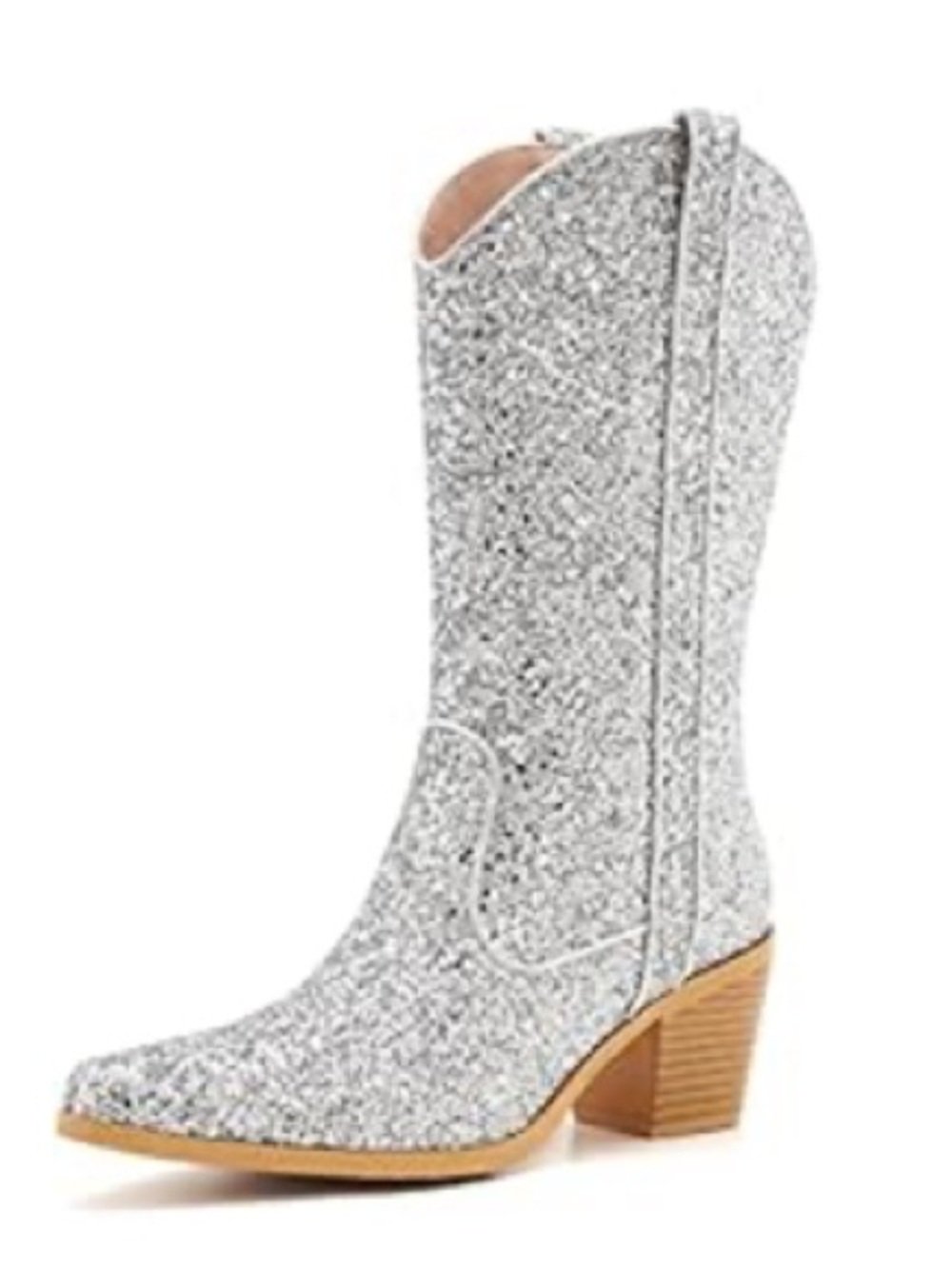 Silver Glitter Mid-Calf Western Block Heel Boot